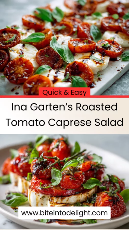 Delicious roasted tomato caprese salad featuring fresh basil and mozzarella.