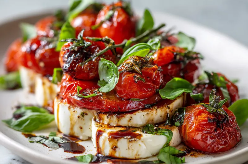 Delicious roasted tomato caprese salad featuring fresh basil and mozzarella.