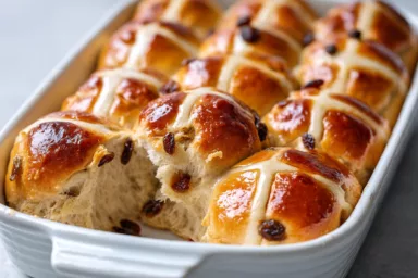 Freshly baked hot cross buns with spices and icing cross on top