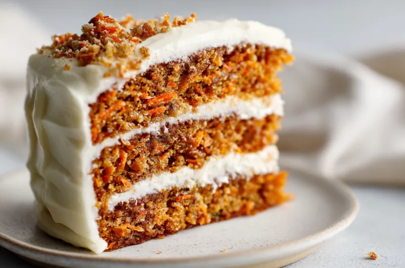 Delicious carrot cake with buttercream frosting on a rustic table